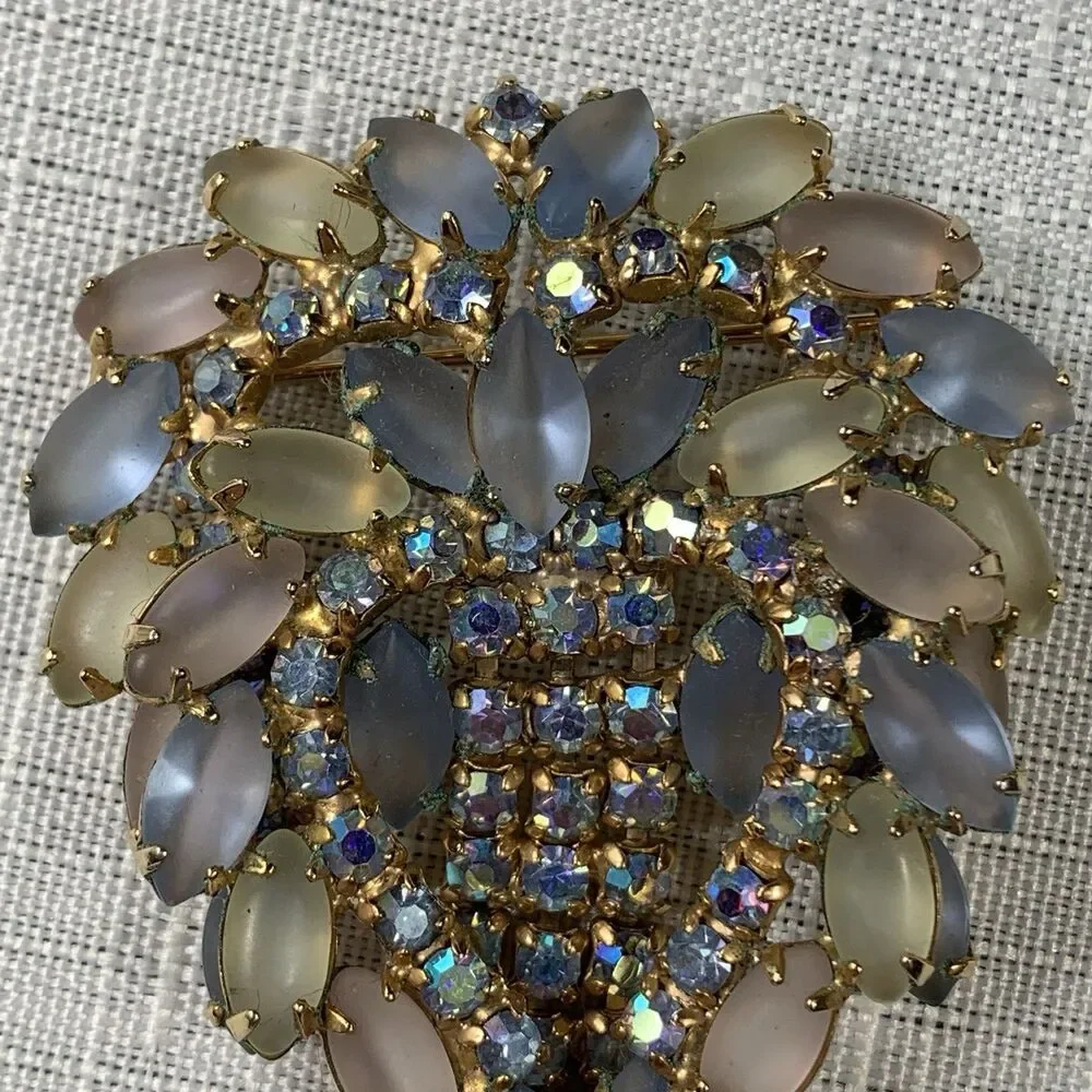 Vintage Brooch Frosted Pastel Navette AB Rhinestones Statement Layered